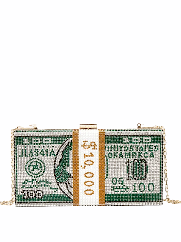 Money Rhinestone Clutch Bag- Green - bynlonline